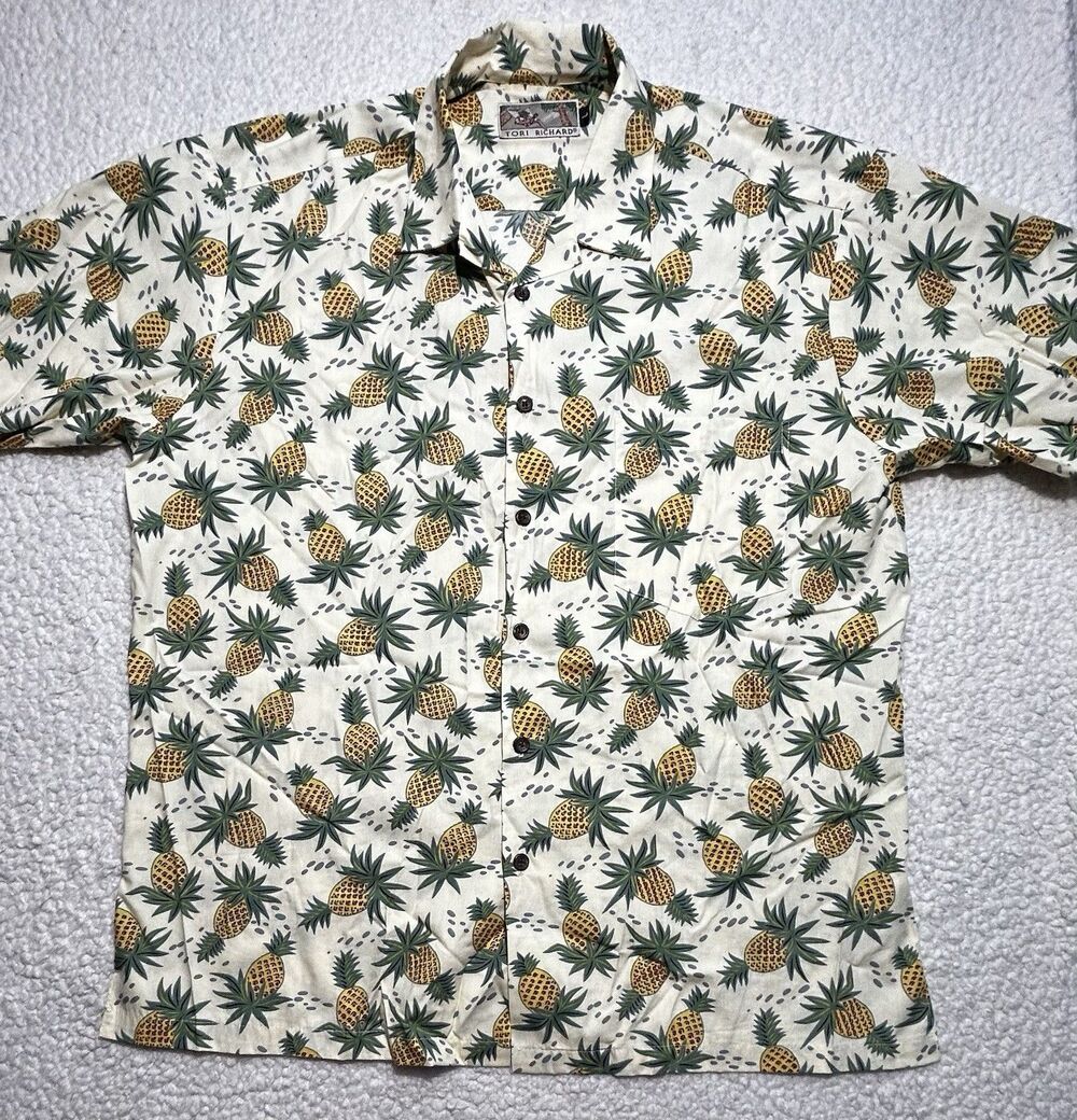 Tori Richard Shirt Mens L Cream Green Pineapple Cotton Viscose Made Hawaii